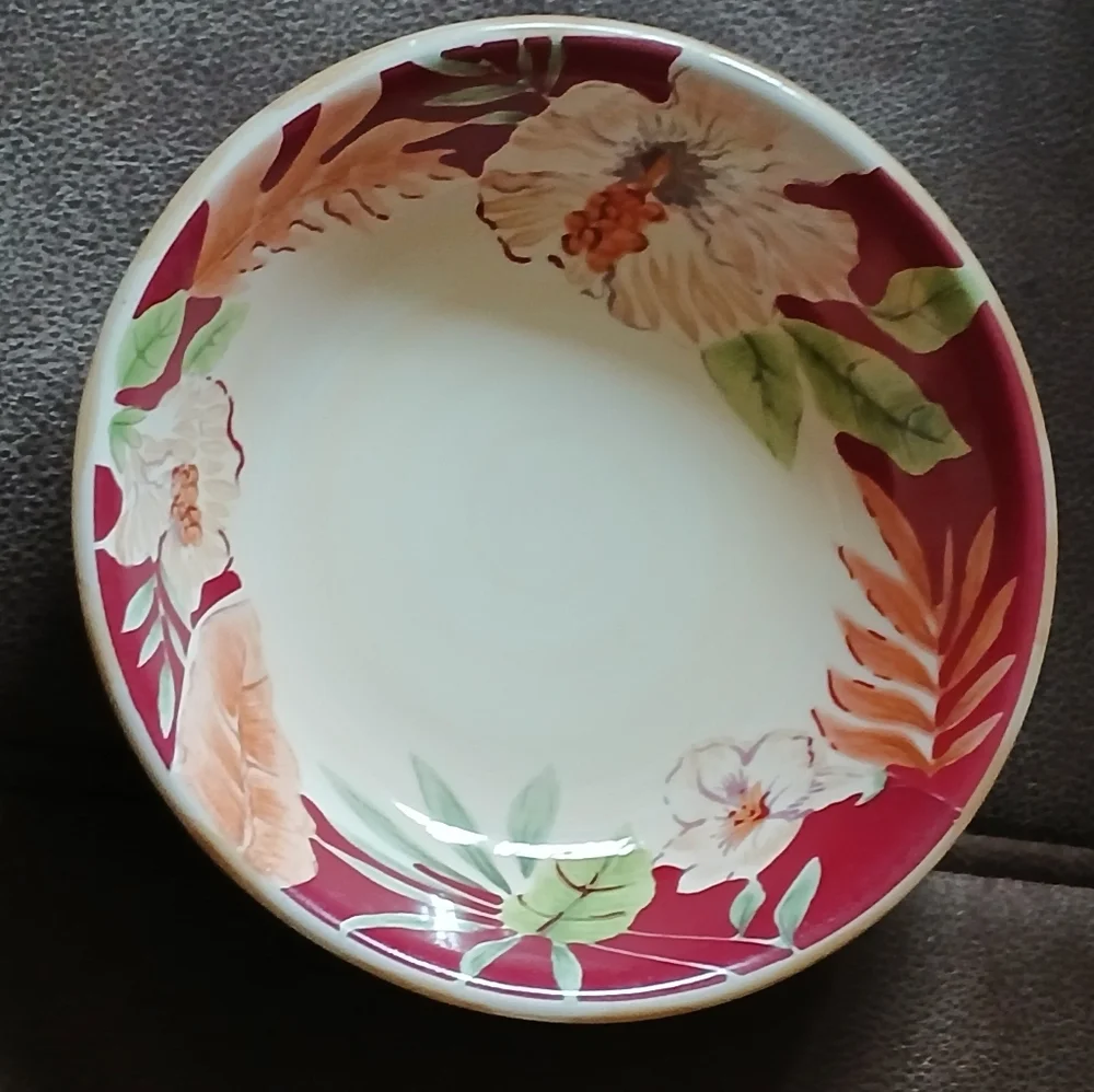 Home Trends Hibiscus And Bamboo Pasta Bowl Burgundy, Cream And Green
